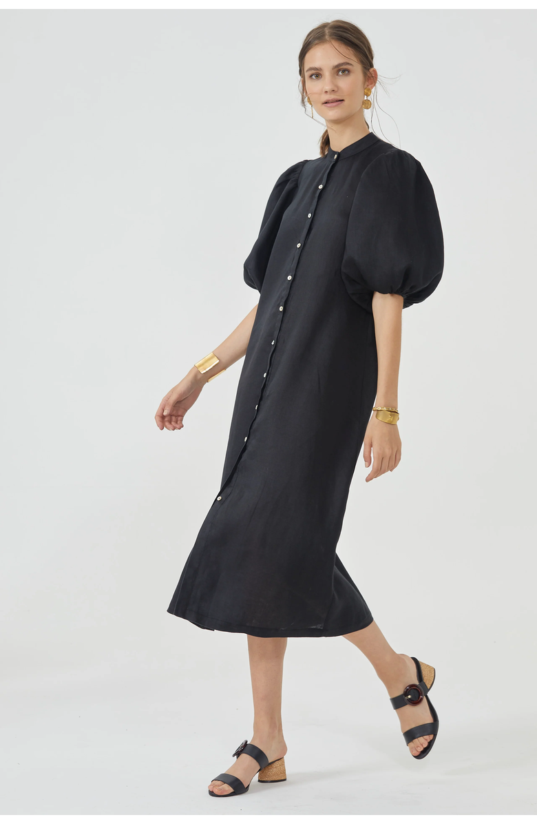 LANHTROPY Bubble Linen Dress, Alternate, color, Black