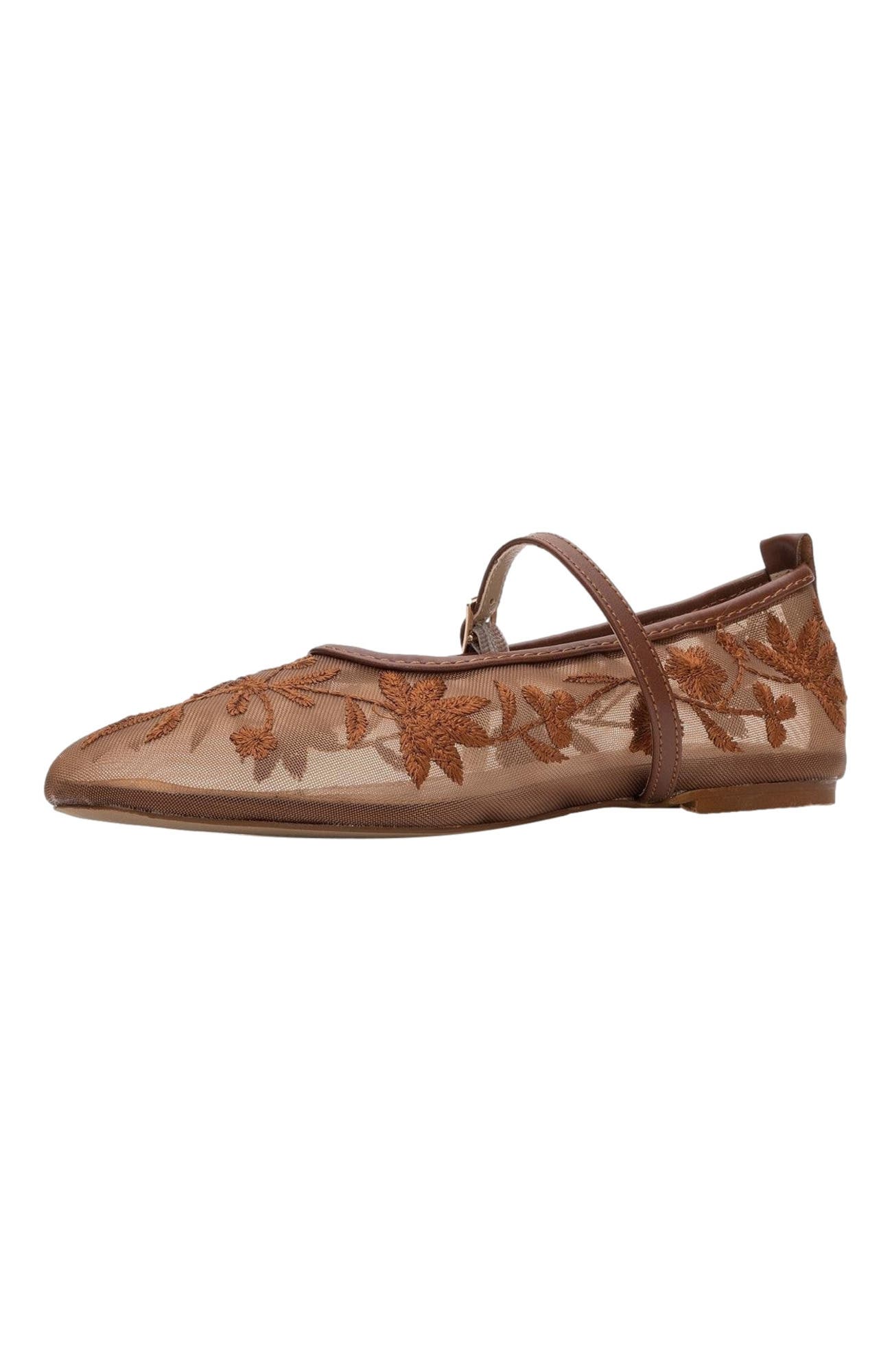 Prologue Shoes Juny Mesh Floral Embroidery Ballet Flat, Alternate, color, Cognac Faux Leather