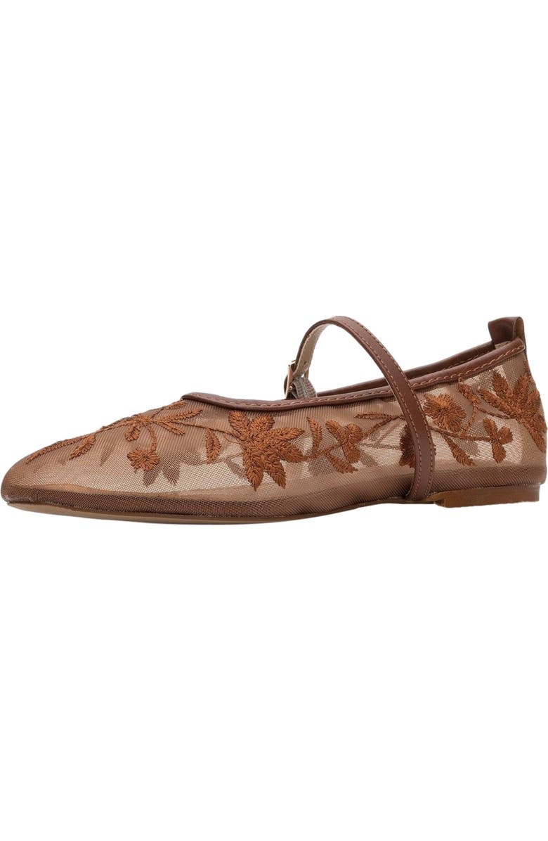 Prologue Shoes Juny Mesh Floral Embroidery Ballet Flat, Alternate, color, Cognac Faux Leather