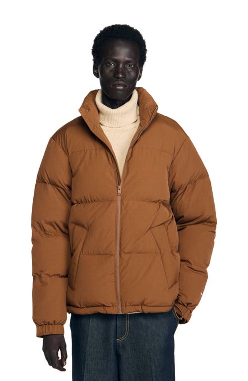 Sandro Hooded Puffer With High Collar In Brown