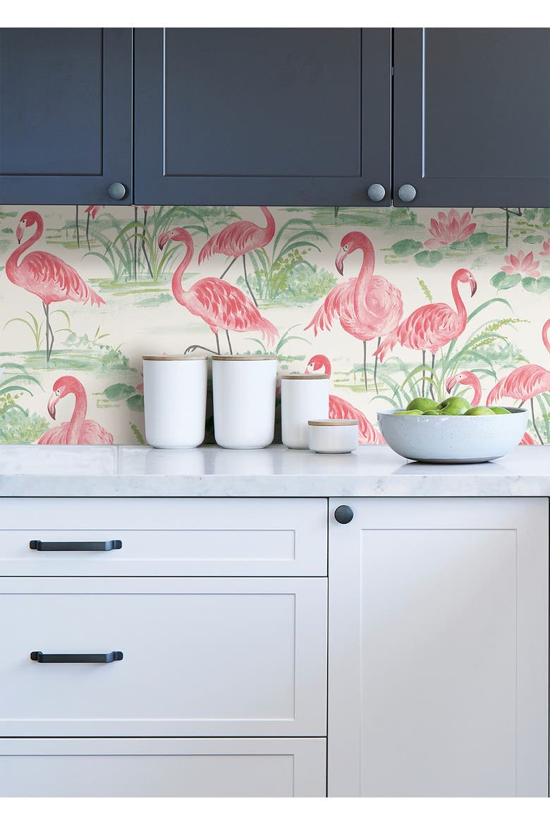 Pink Flamingo Beach Peel & Stick Wallpaper, Alternate, color, PINK