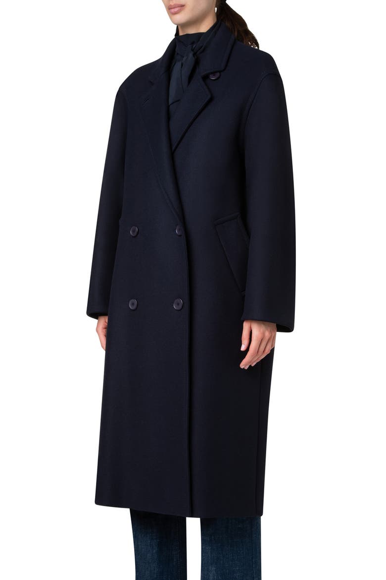 Double Breasted Wool Blend Felt Long Coat, Alternate, color, NAVY