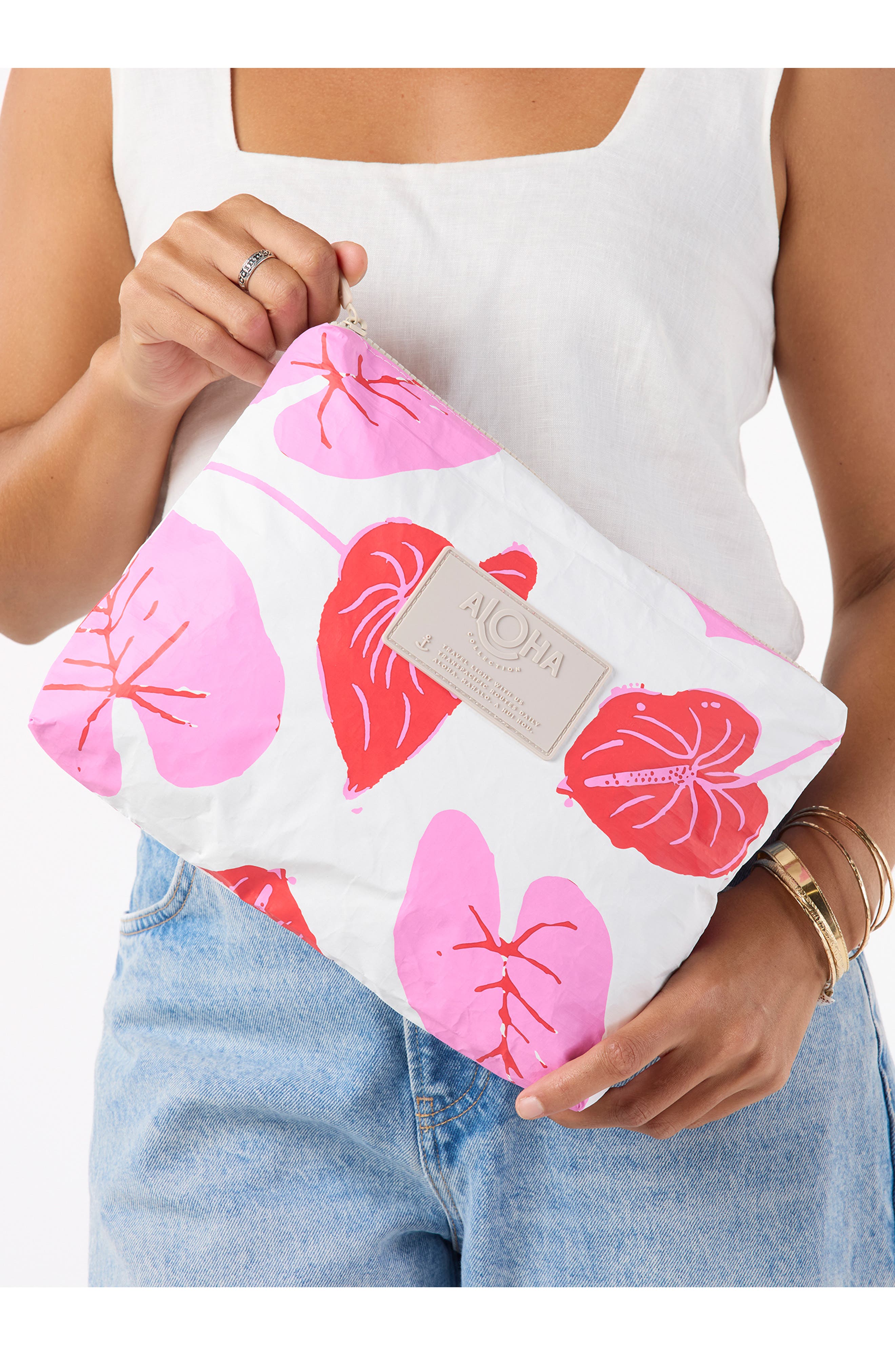 Aloha Collection Mid Anthurium Water Resistant Zip Pouch, Alternate, color, Sweetheart