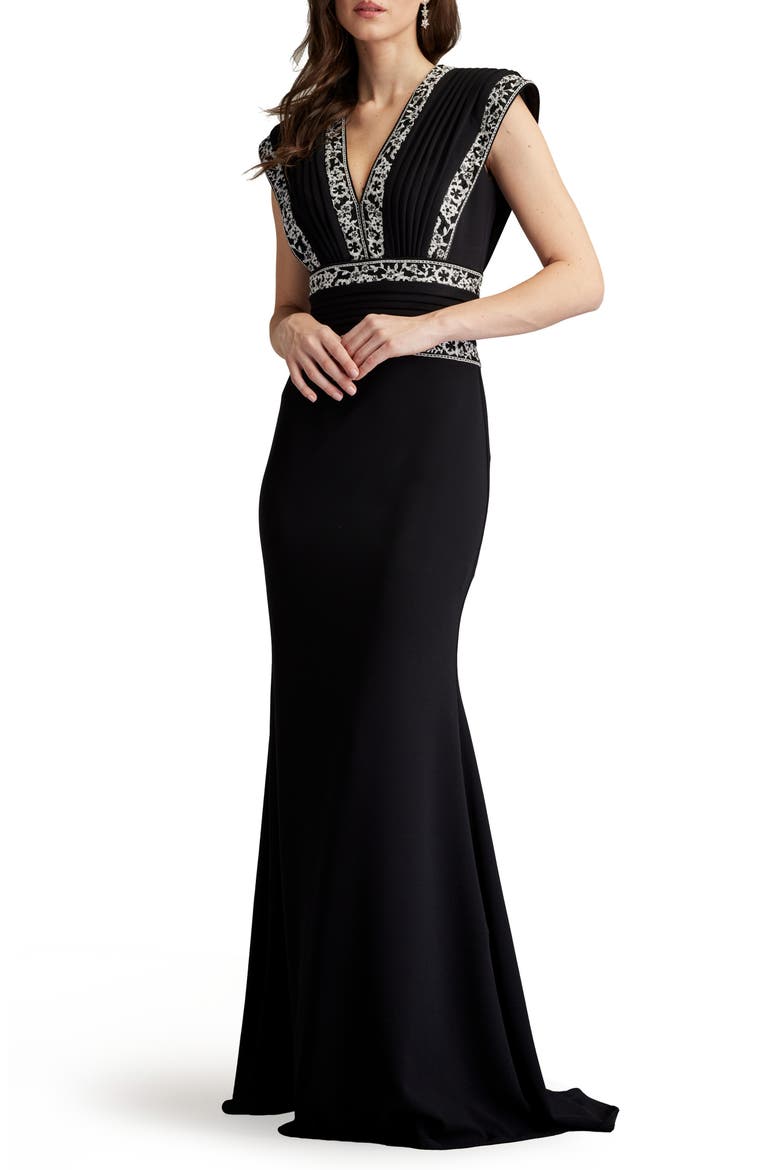 Embroidered Trim V-Neck Gown, Alternate, color, BLACK/ IVORY