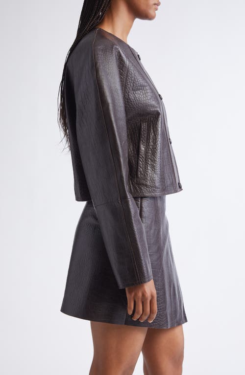 Stand Studio Alix Croc Embossed Leather Crop Jacket In Brown