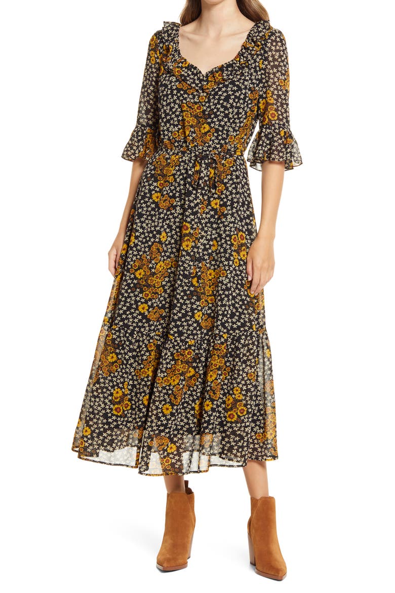 Floral Ruffle Georgette A-Line Dress, Main, color, DAISY