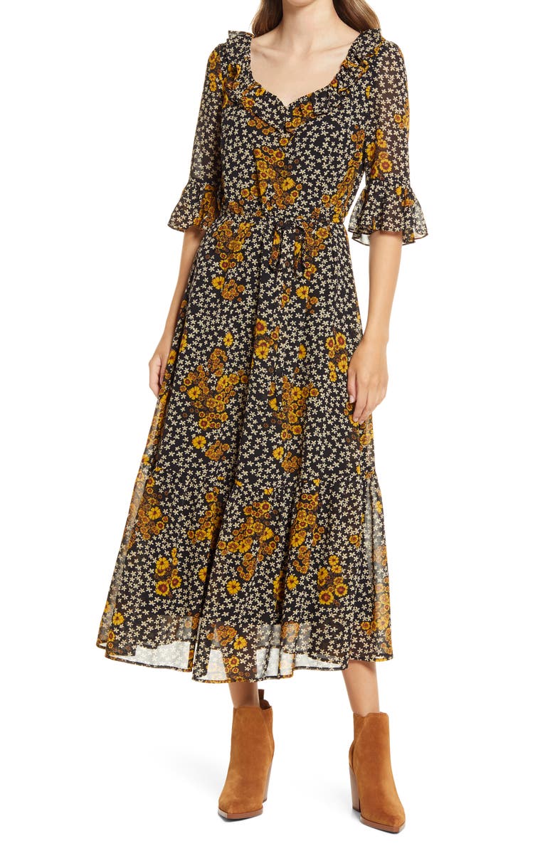 Sam Edelman Floral Ruffle Georgette A-Line Dress, Main, color,