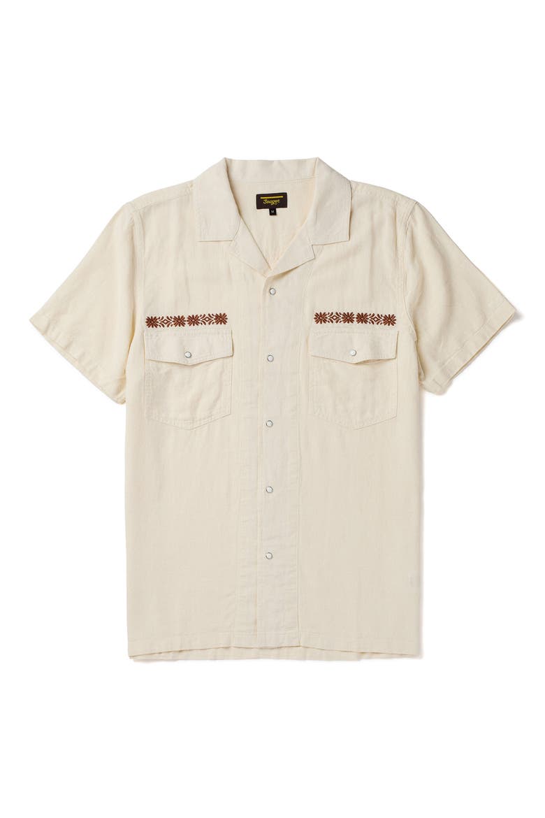 Whippersnapper Embroidered Short Sleeve Linen Blend Snap-Up Shirt, Alternate, color, WHITE WASH