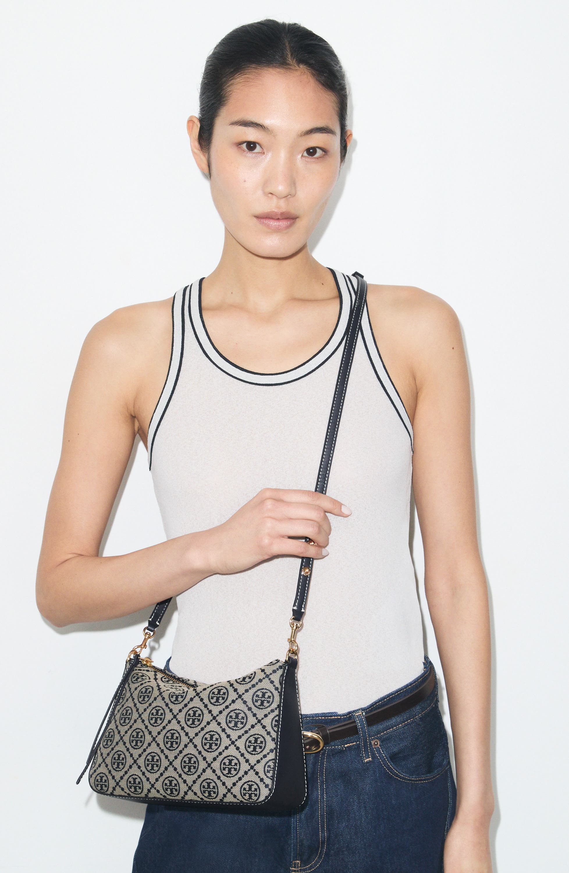 Tory Burch Small Perry T Monogram Jacquard Shoulder Bag, Alternate, color, Tory Navy