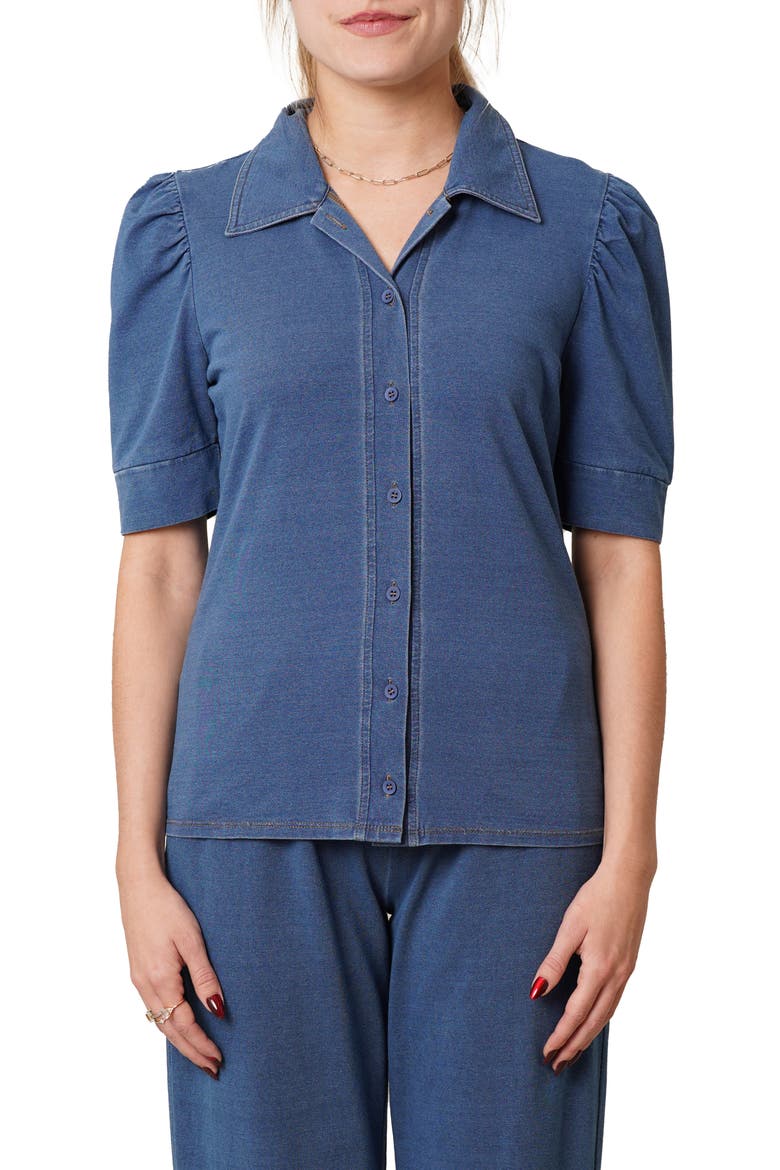 Puff Sleeve Button-Up Shirt, Main, color, MED WASH