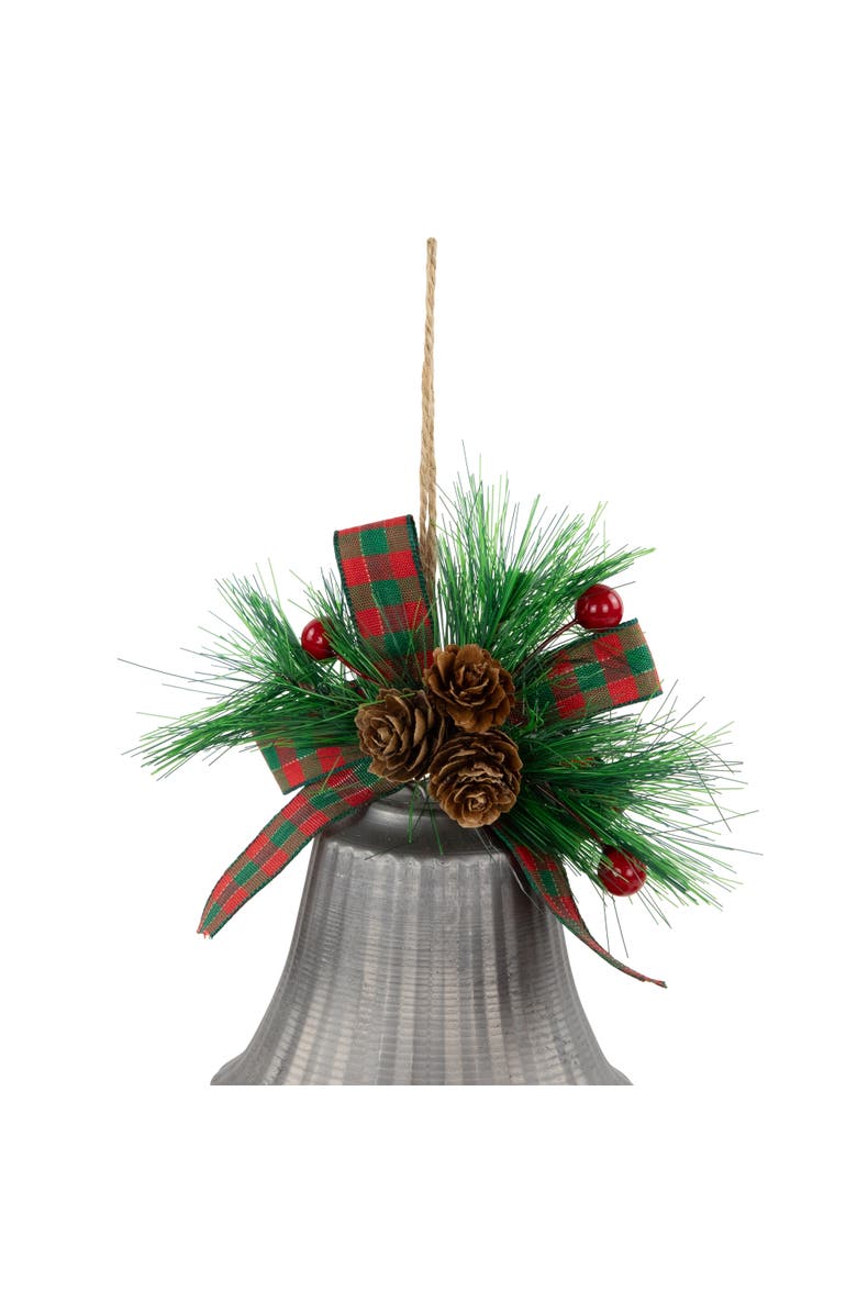 Northlight Bells with Pine Sprigs and Plaid Bow Christmas Ornaments - 7" - Silver - Set of 2, Alternate, color, Silver