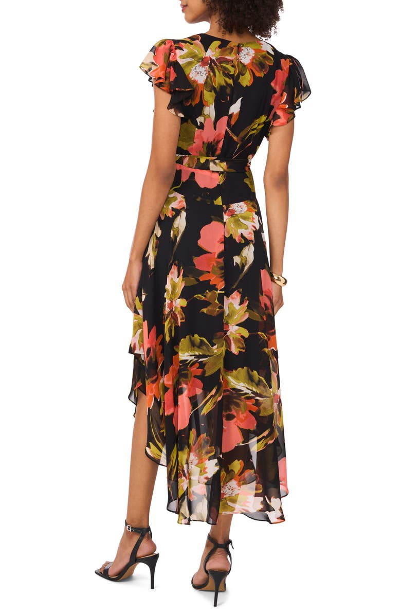Vince Camuto Floral Print Flutter Sleeve Asymmetric Midi Dress, Alternate, color, 