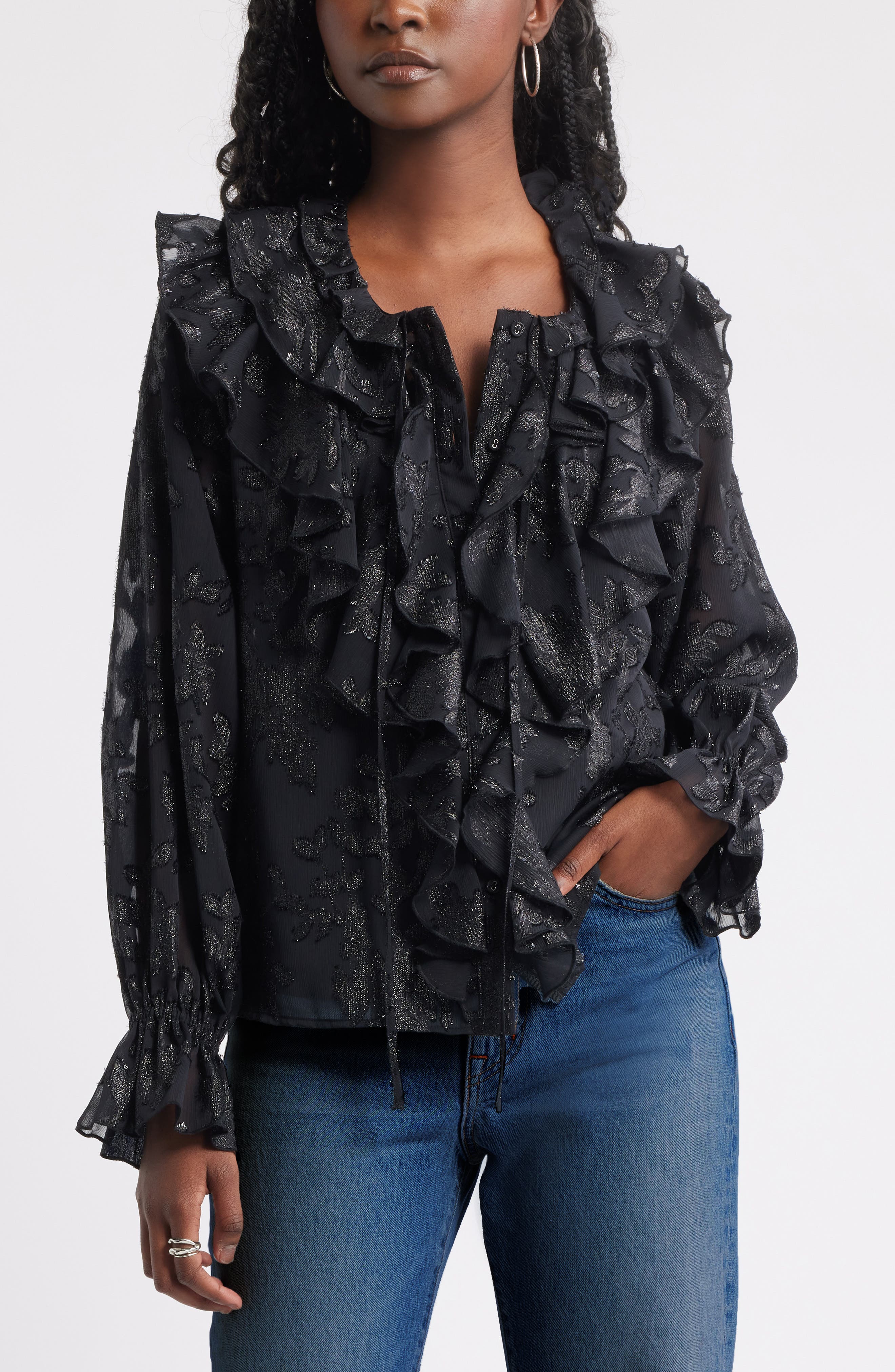 Treasure & Bond Ruffle Neck Chiffon Top