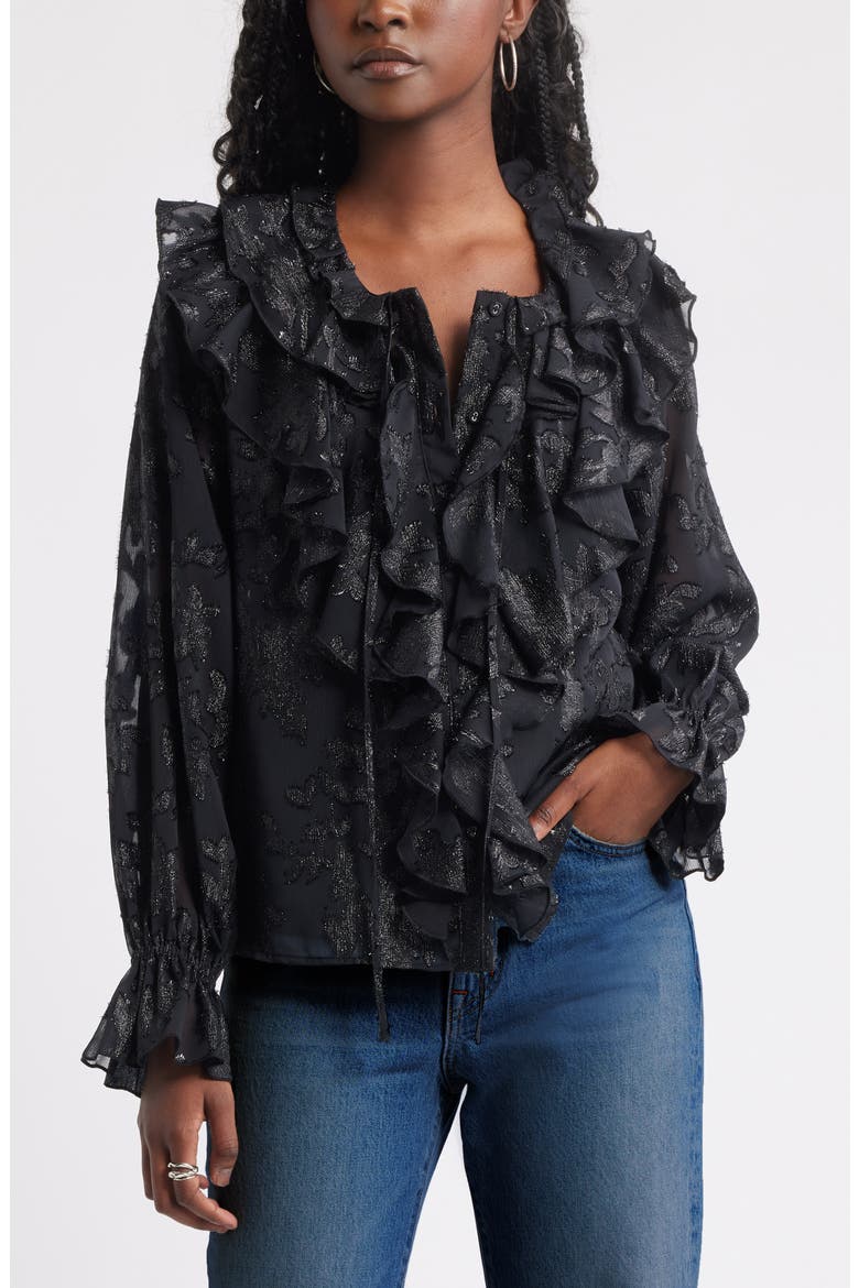 Ruffle Neck Chiffon Top, Main, color, BLACK