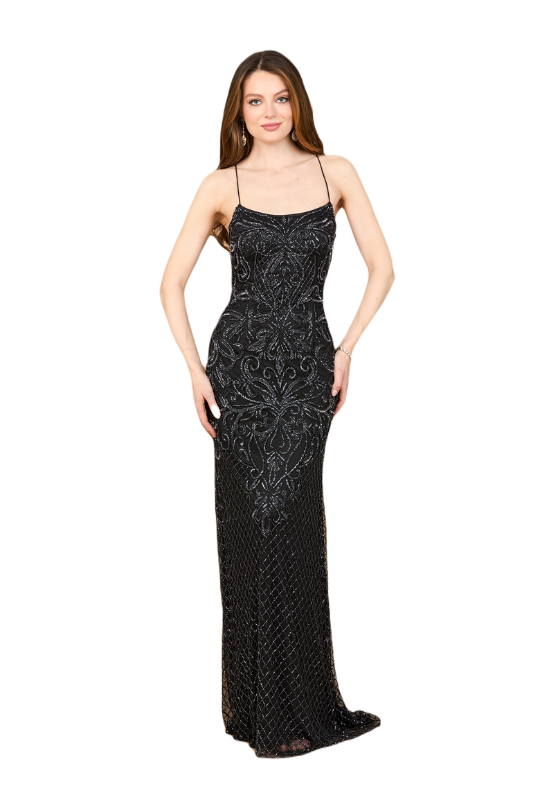 Lace Up Open Back Beaded Dress, Main, color, Black