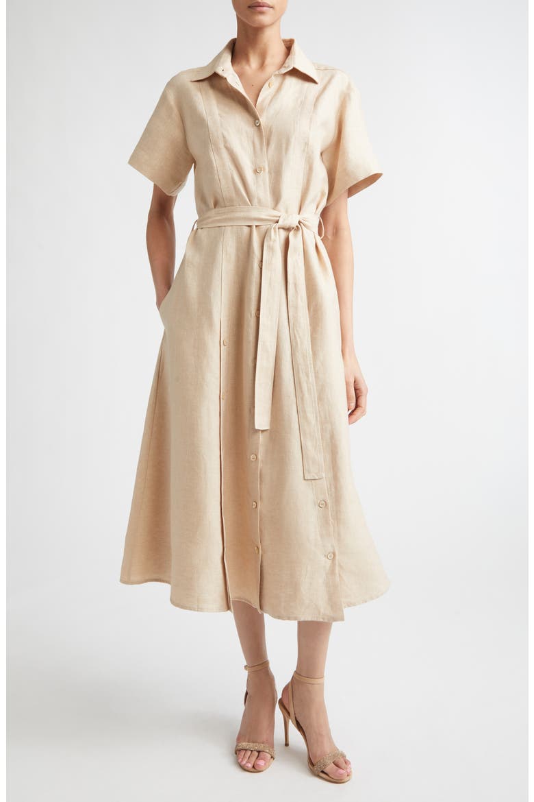 Linen Blend Belted Shirtdress, Main, color, TAUPE COGNAC