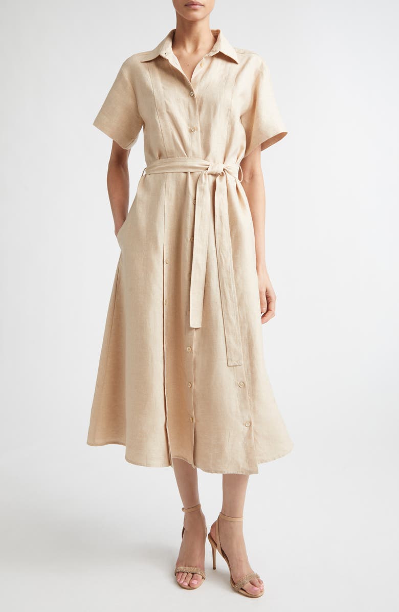 Eleventy Linen Blend Belted Shirtdress, Main, color, Taupe Cognac