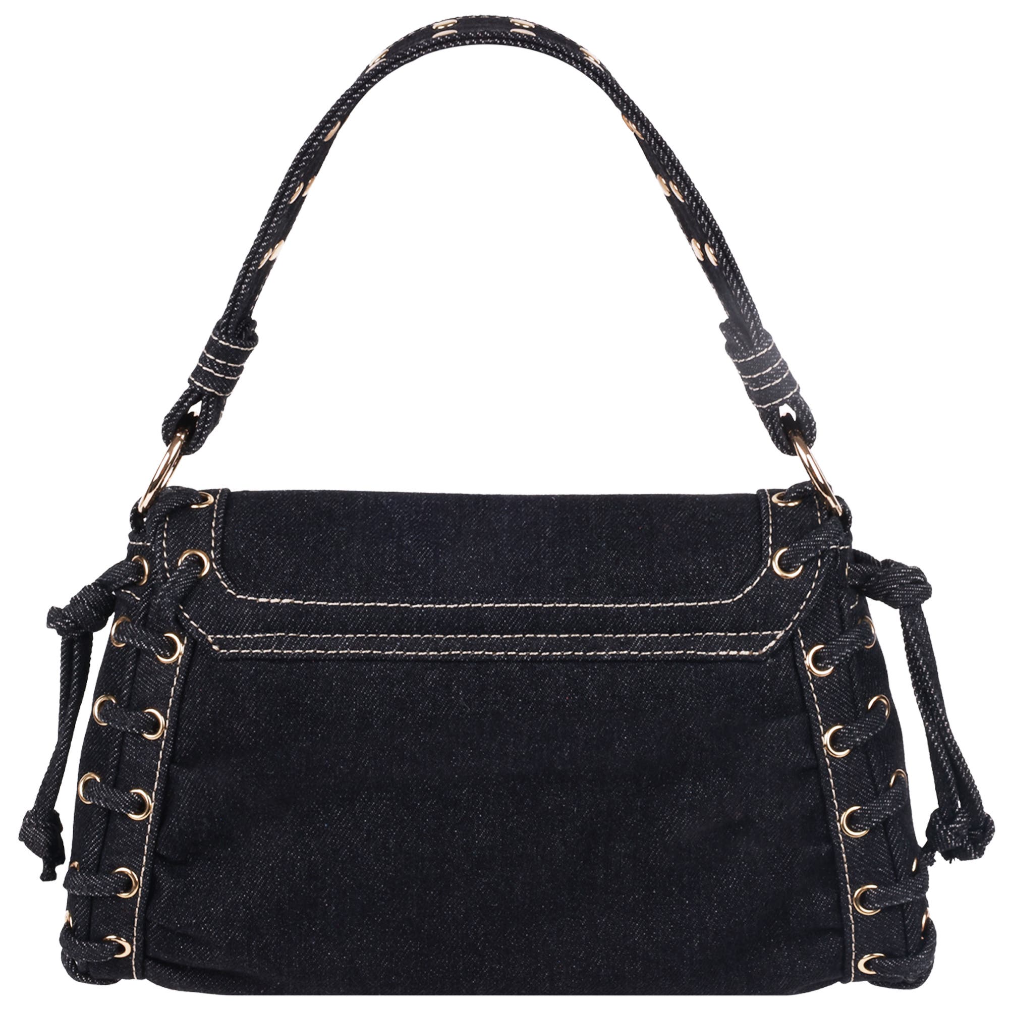 True Religion Studded Horseshoe Eyelet Denim Flap Bag, Alternate, color, Black