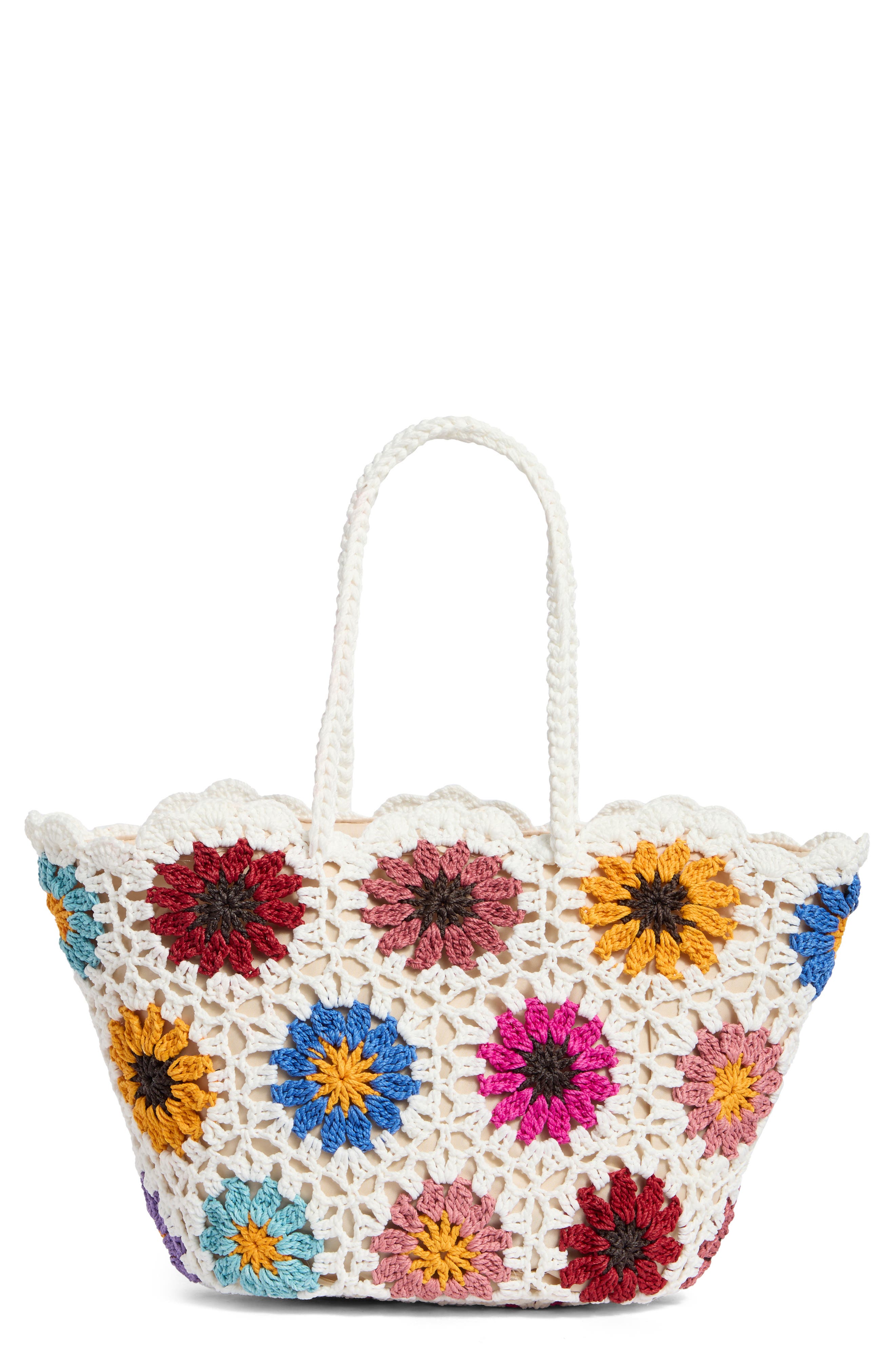 NATASHA Crochet Flower Tote Bag, Main, color, White/ Multi