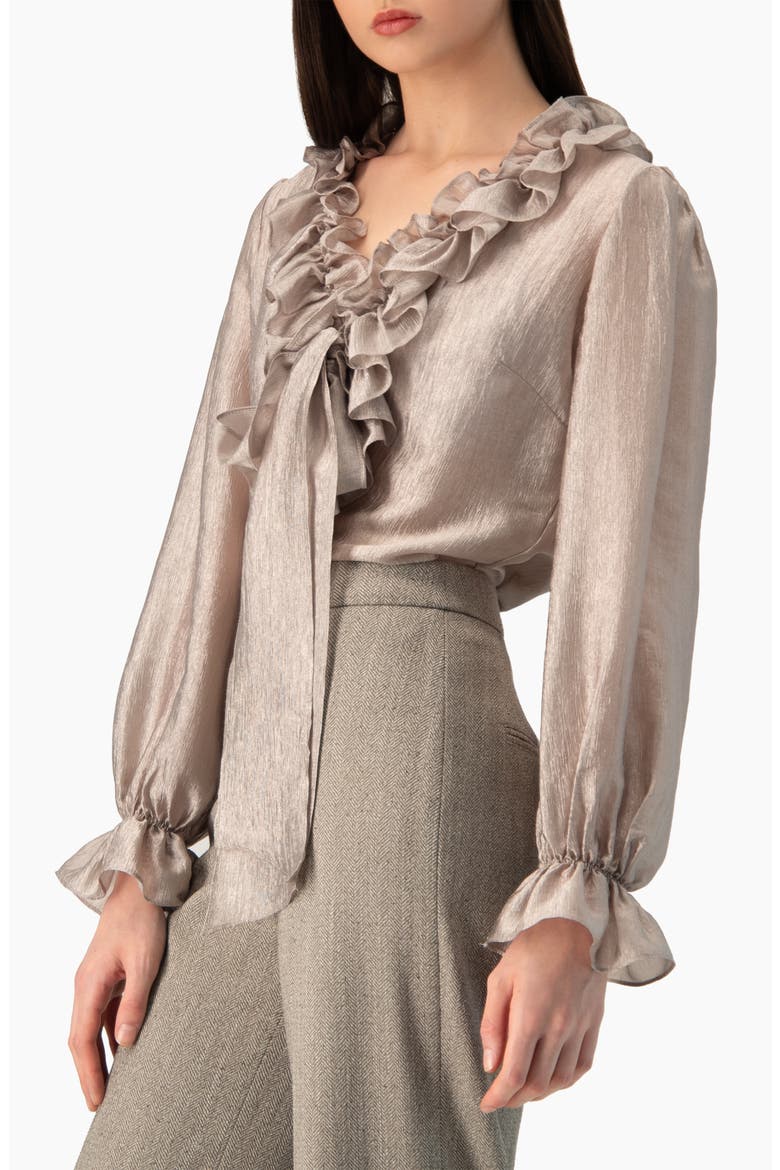 Ruffled V-neck Blouse With Lace-up Detail, Alternate, color, Beige