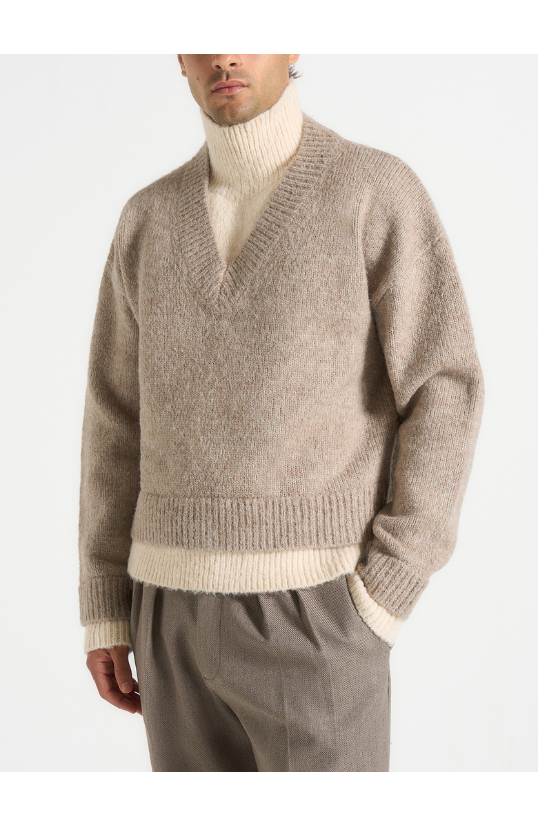 Manière De Voir Jacques Unisex Double Layer V-Neck Knit Jumper, Main, color, Taupe