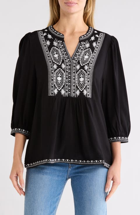 Embroidered Split Neck Top