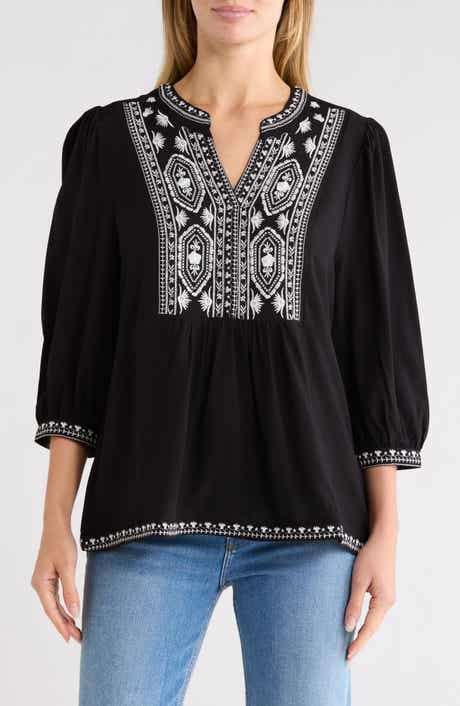 Embroidered Split Neck Top