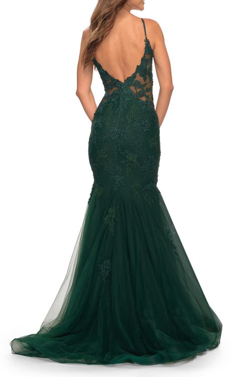 La Femme Tulle And Lace Mermaid Gown In Dark Emerald