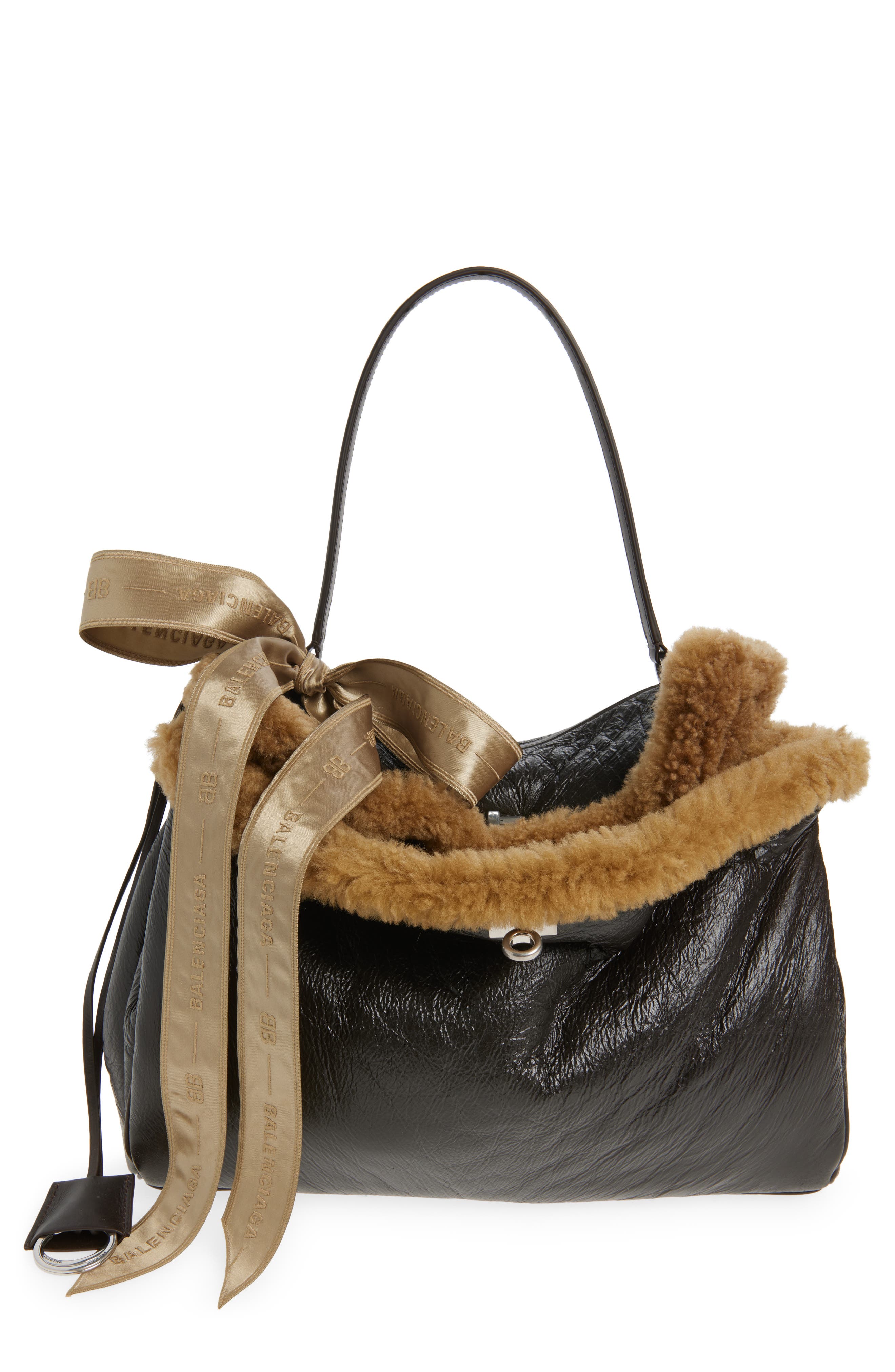 Balenciaga Medium Rodeo Aviator Genuine Shearling Trim Leather Shoulder Bag, Main, color, 2164 Brown/ Beige