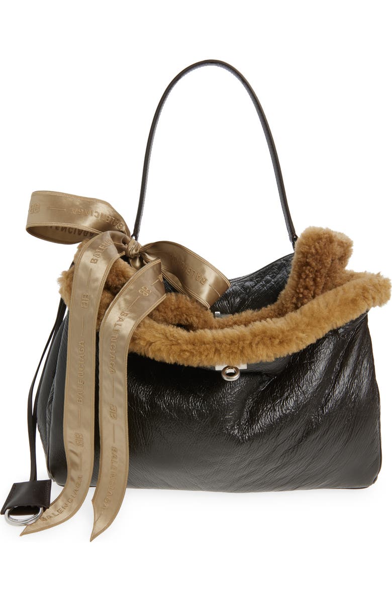 Balenciaga Medium Rodeo Aviator Genuine Shearling Trim Leather Shoulder Bag, Main, color, 2164 Brown/ Beige