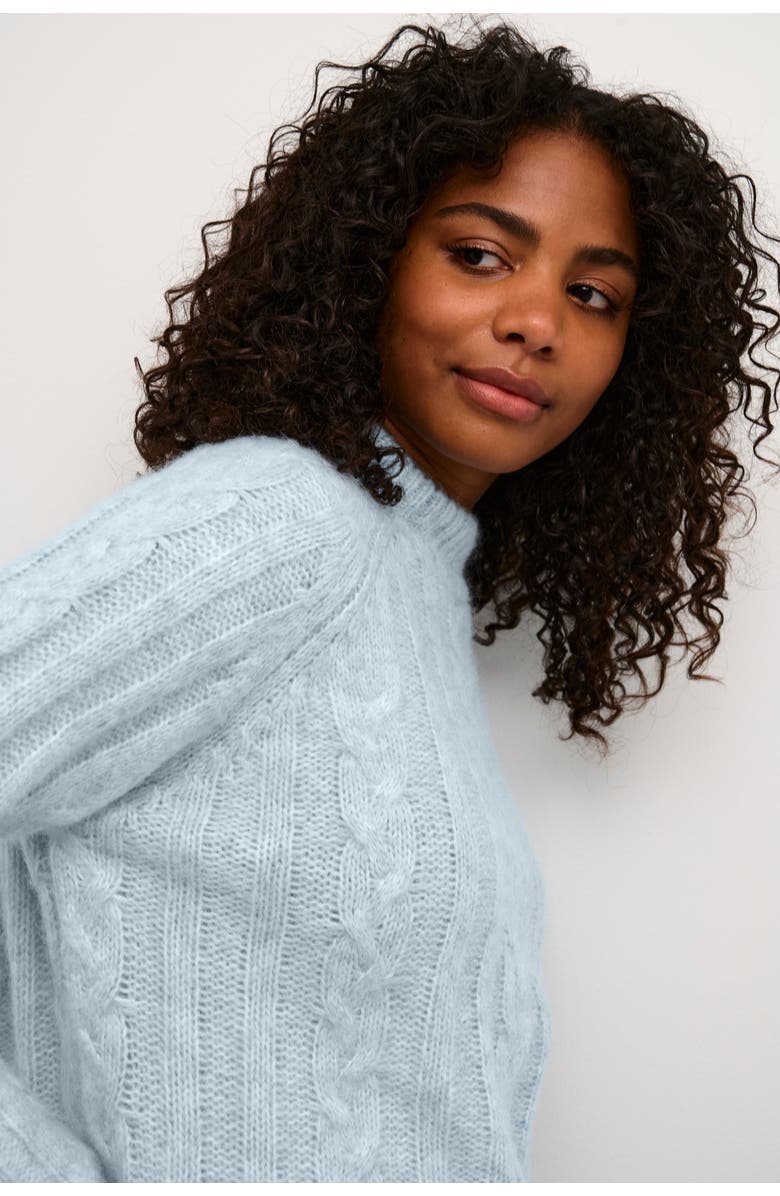 Kaffe KAnaja Cable Knit Funnel Neck Pullover, Alternate, color, Celestial Blue Melange