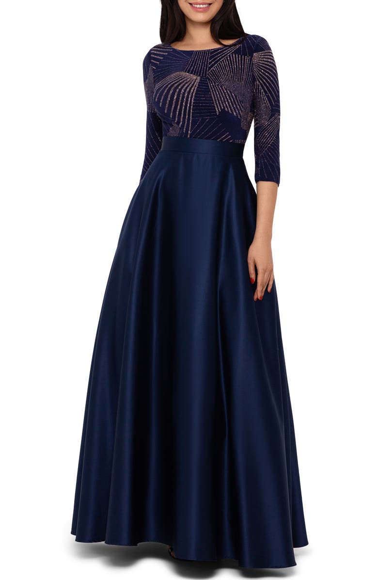 Betsy & Adam Glitter Bodice Satin Ballgown, Main, color, 