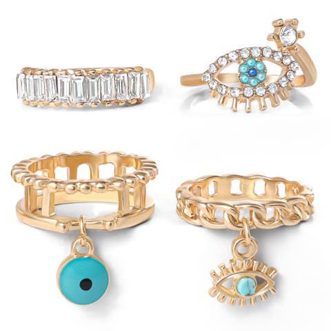 4-Piece Charm Ring Set with Turquoise Accents, Size 7