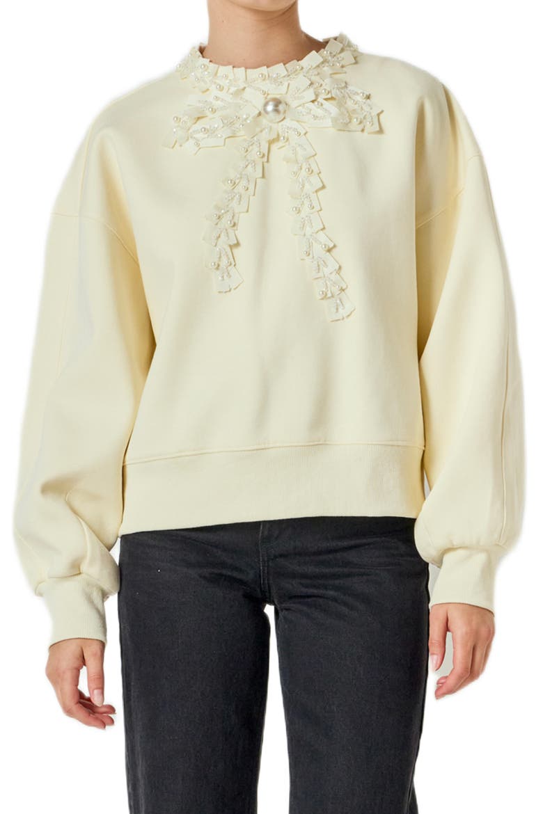 Beaded Ribbon Neck Sweatshirt, Main, color, CREAM