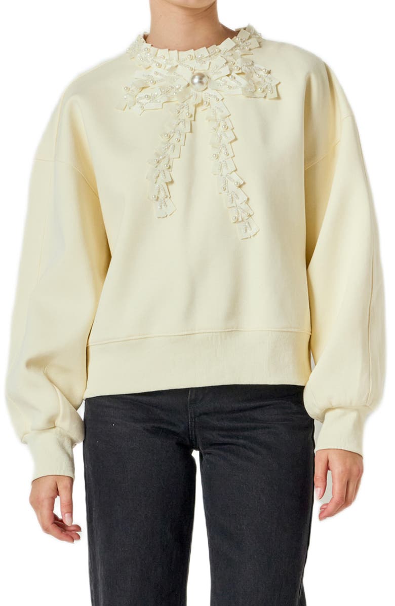 English Factory Beaded Ribbon Neck Sweatshirt, Main, color, Cream