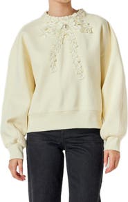 English Factory Beaded Ribbon Neck Sweatshirt