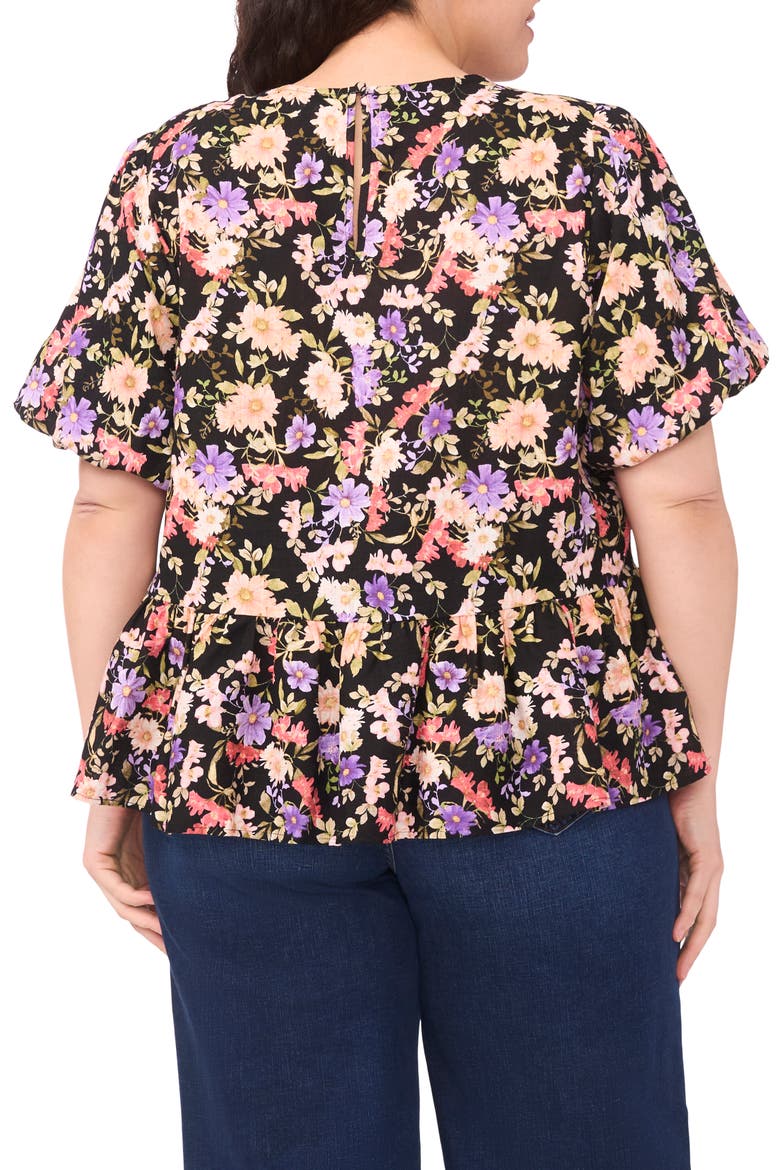 Floral Puff Sleeve Peplum Top, Alternate, color, RICH BLACK