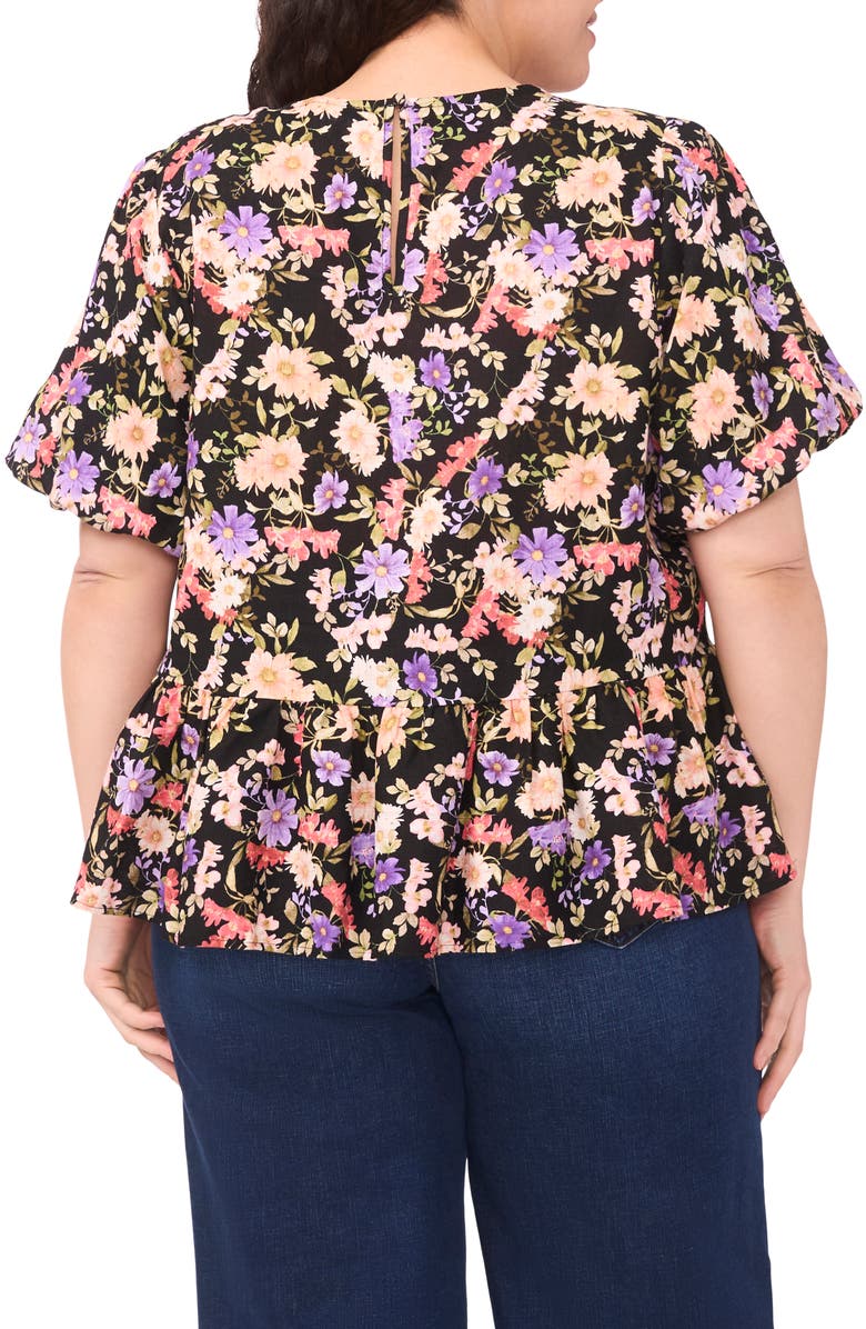 CeCe Floral Puff Sleeve Peplum Top, Alternate, color, Rich Black