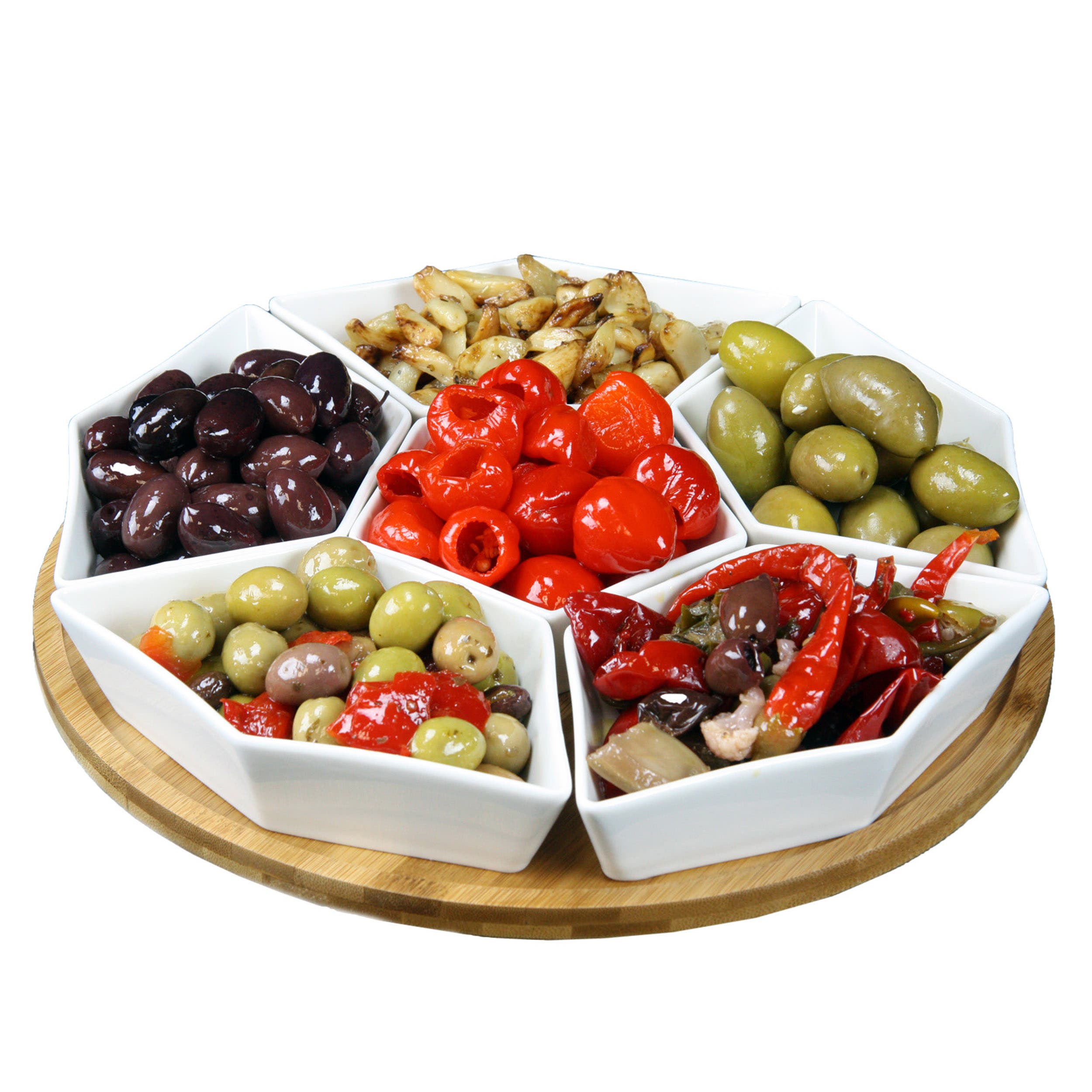 Elama Signature 12 Inch 7-Piece Condiment Server Set with a Wood Lazy Suzan Serving Tray - White