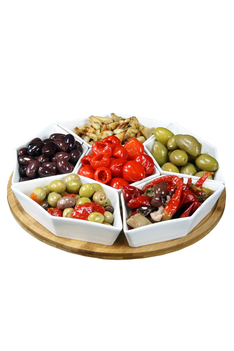 12 Inch 7-Piece Condiment Server Set with a Wood Lazy Suzan Serving Tray, Main, color, White
