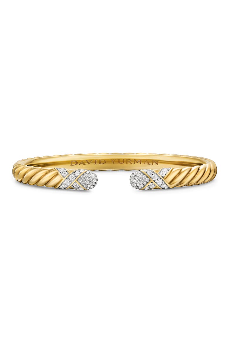 Sculpted Cable X Cuff Bracelet in 18K Yellow Gold with Diamonds, 6mm, Main, color, DIAMOND