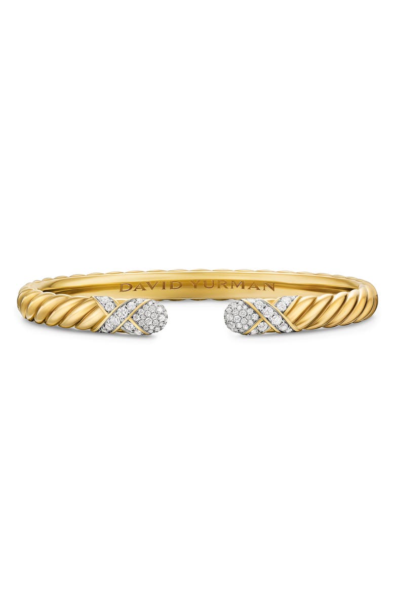 David Yurman Sculpted Cable X Cuff Bracelet in 18K Yellow Gold with Diamonds, 6mm, Main, color, Diamond
