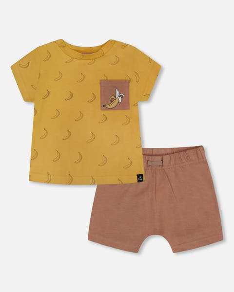Baby Boy's Printed Organic Cotton Top And Short Set Brown, Yellow, And Bananas