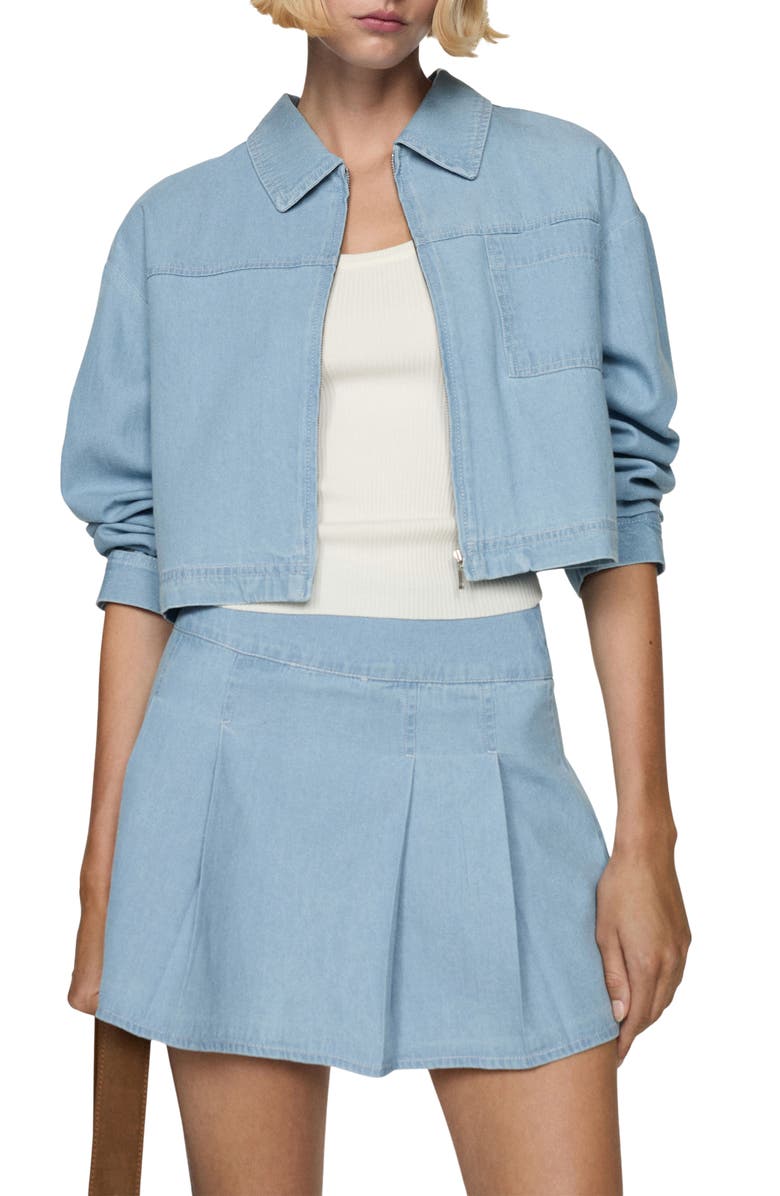 MANGO Pocket Zip Front Crop Denim Overshirt, Main, color, 