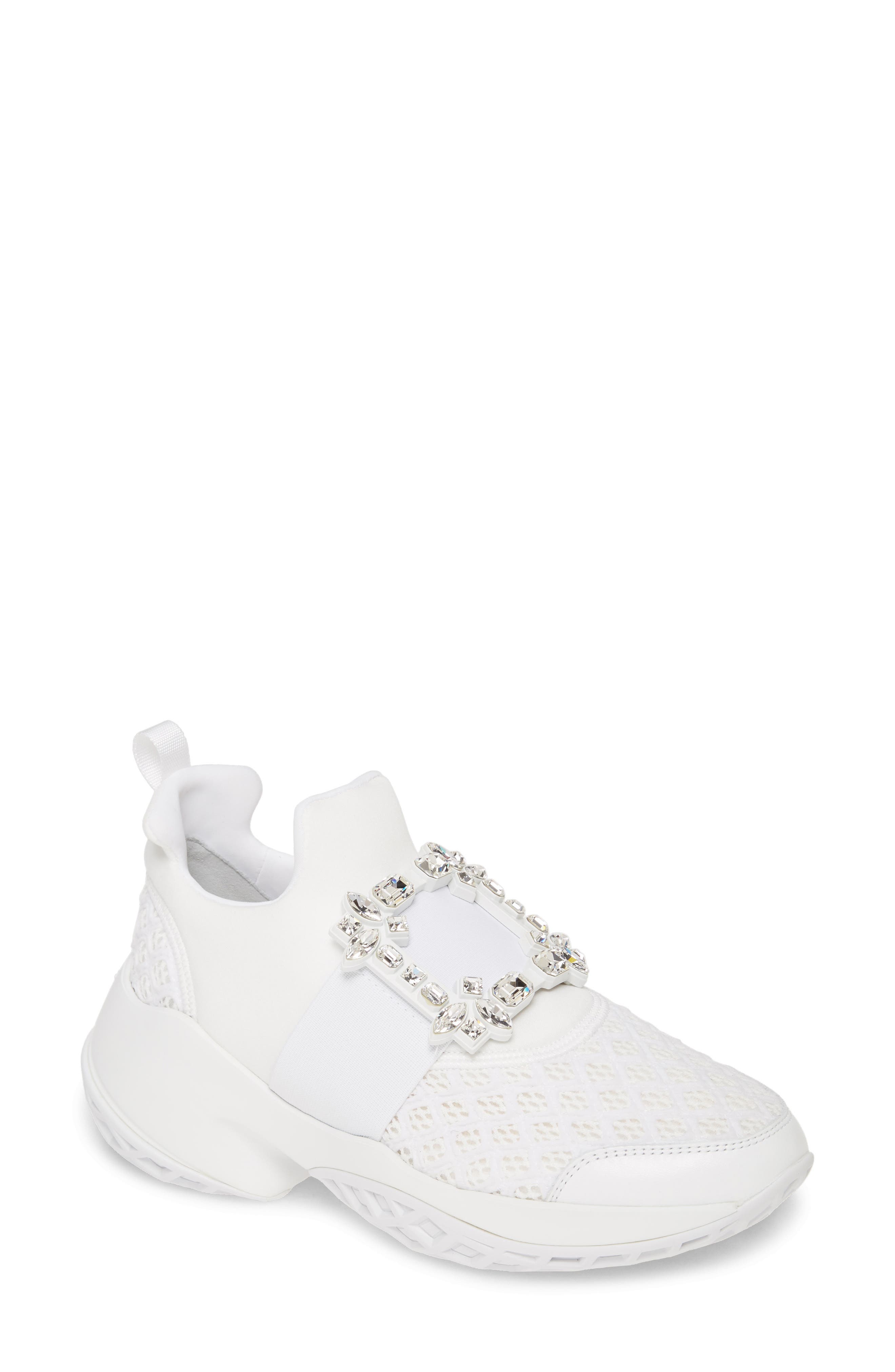 Roger Vivier Viv Crystal Buckle Slip-On Sneaker, Main, color, White