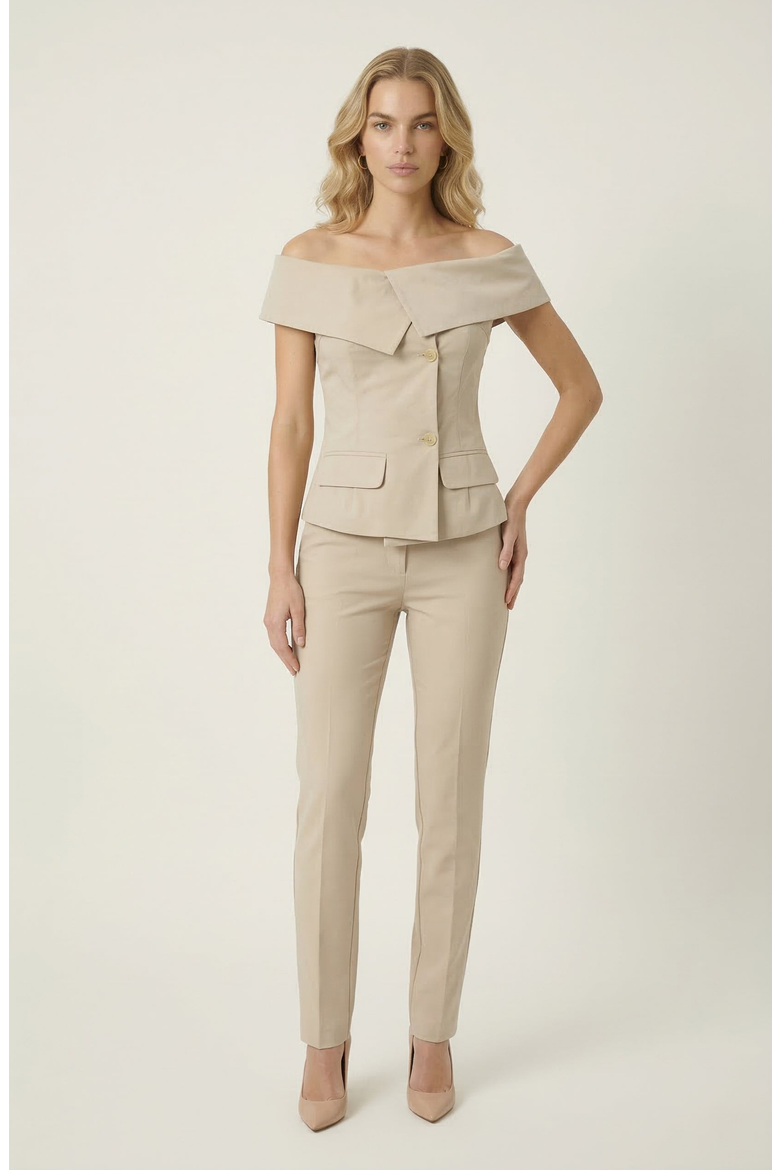 Off Shoulder Tailored Top with Foldover Collar and Button Front, Alternate, color, Beige