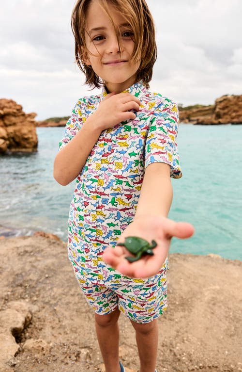 Shop Mini Boden Kids' Shark Print Short Sleeve Linen & Cotton Button-down Shirt In Multi Sharks