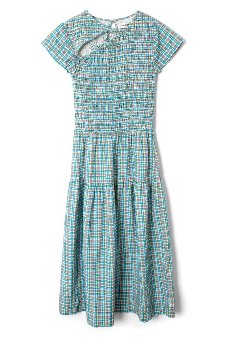 Ebba Plaid Cutout Detail Organic Cotton Dress, Alternate, color, TEAL MULTI