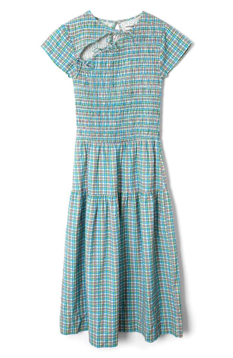 Damson Madder Ebba Plaid Cutout Detail Organic Cotton Dress, Main, color, Teal Multi