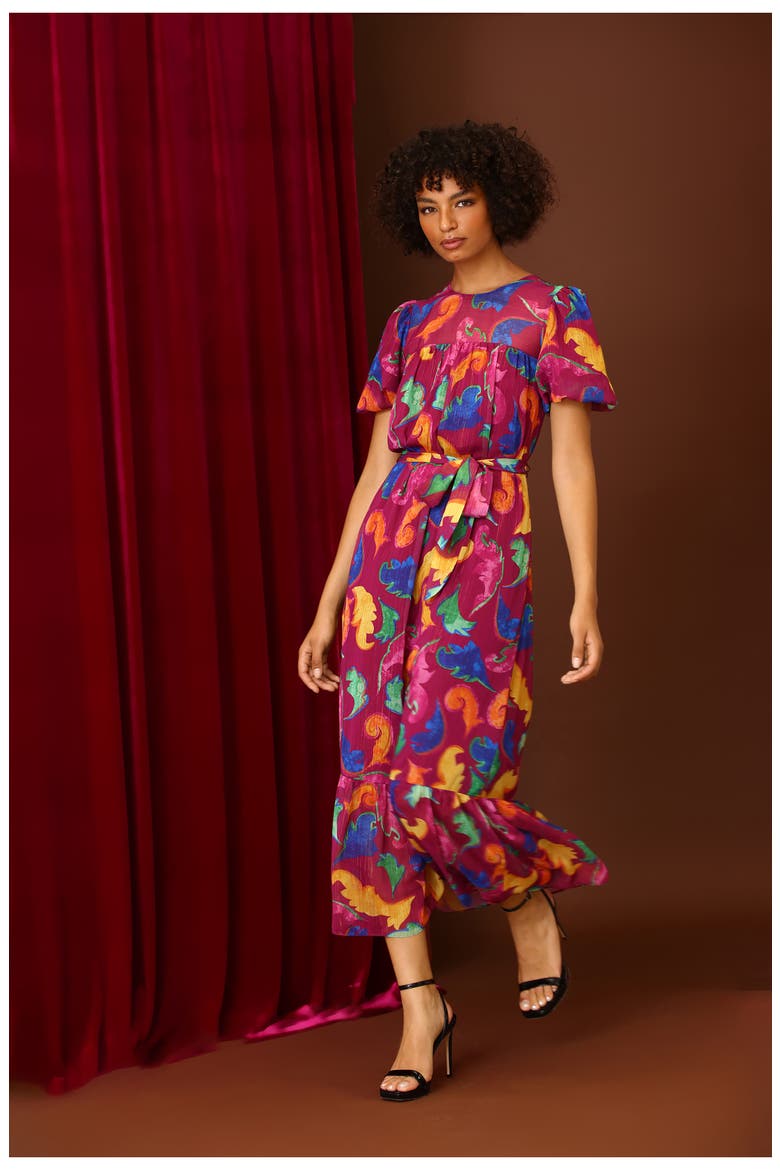 Floral Tiered Puff Sleeve Tie Waist Dress, Alternate, color, RIPE PLUM/ AZALEA